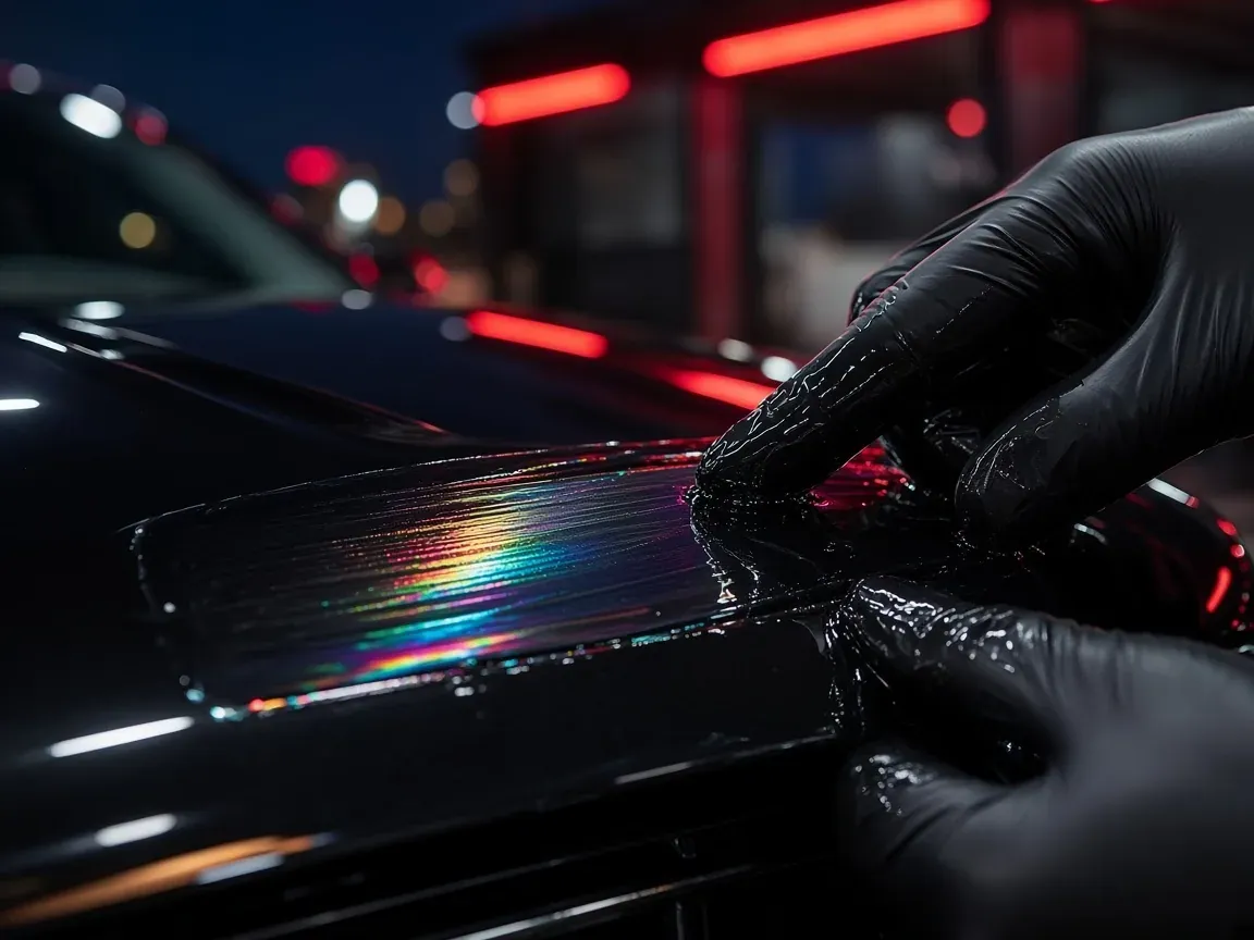Coating cerámico extendido sobre un capó negro brillante en Quito