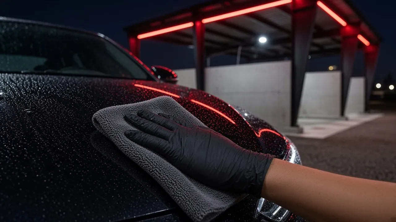 Manos con guantes aplicando DryKill sobre pintura negra en Quito