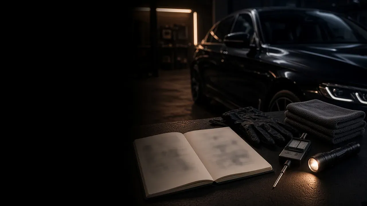 Cuaderno de trabajo, guantes y herramientas sobre una mesa de detailing