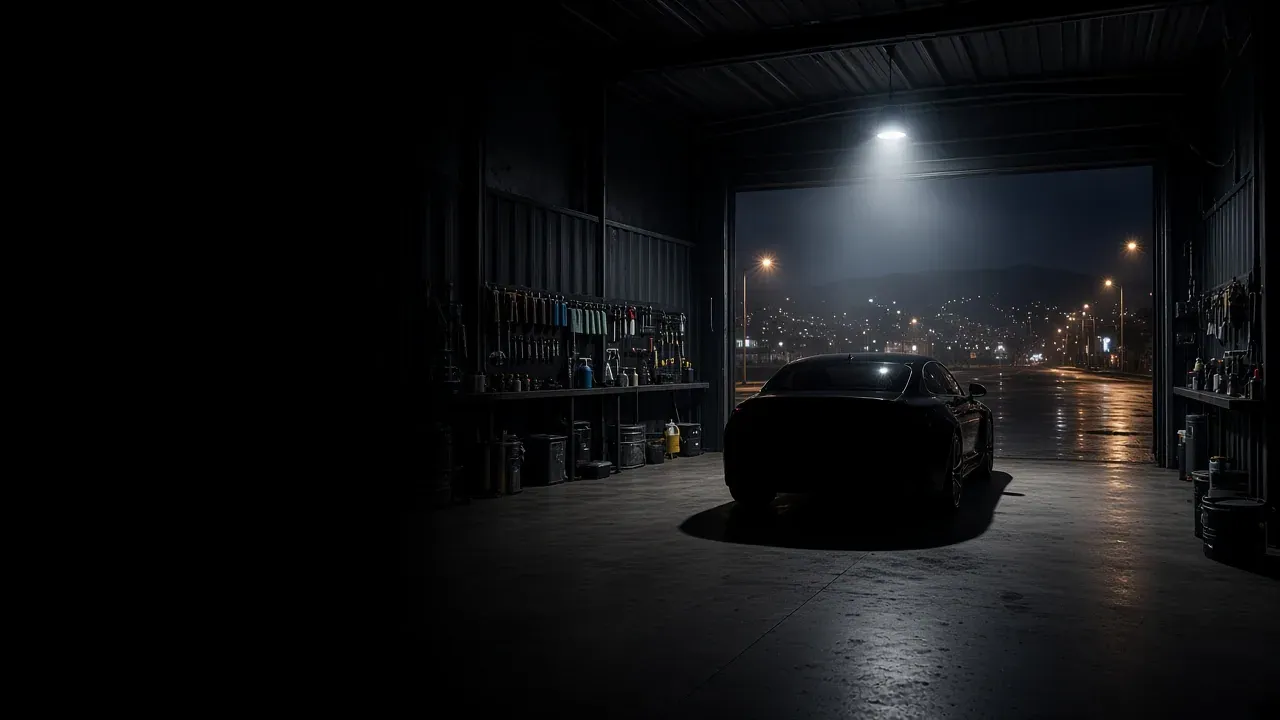 Interior nocturno de una bahía de detailing abierta hacia la ciudad