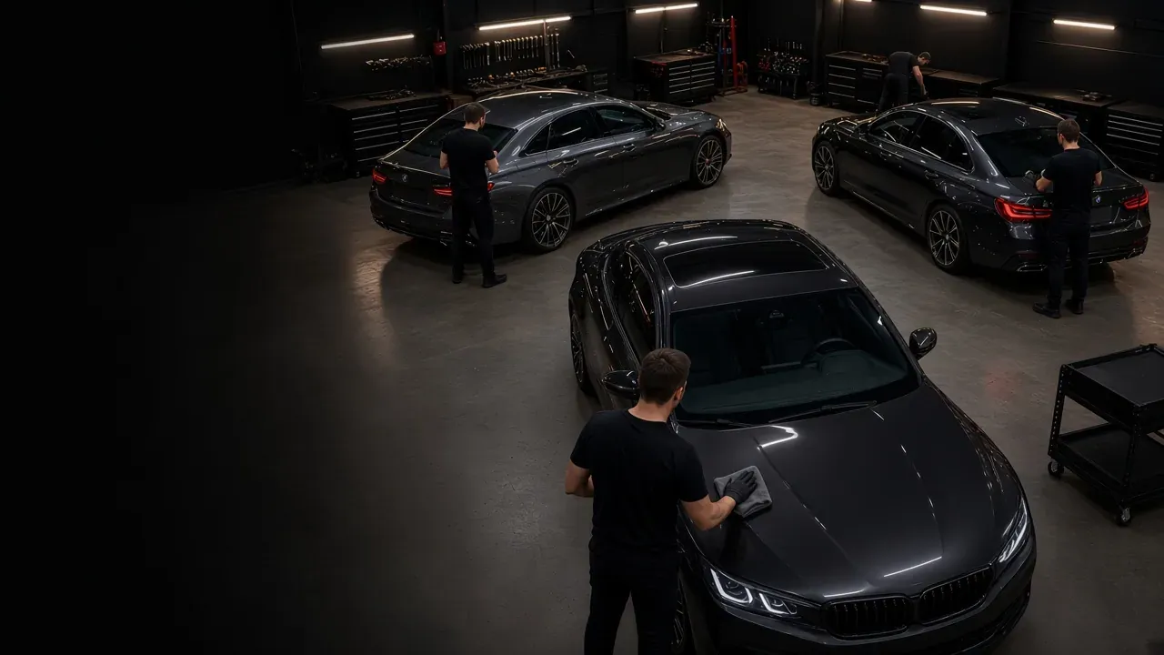 Tres autos atendidos en distintas bahías de detailing durante la noche