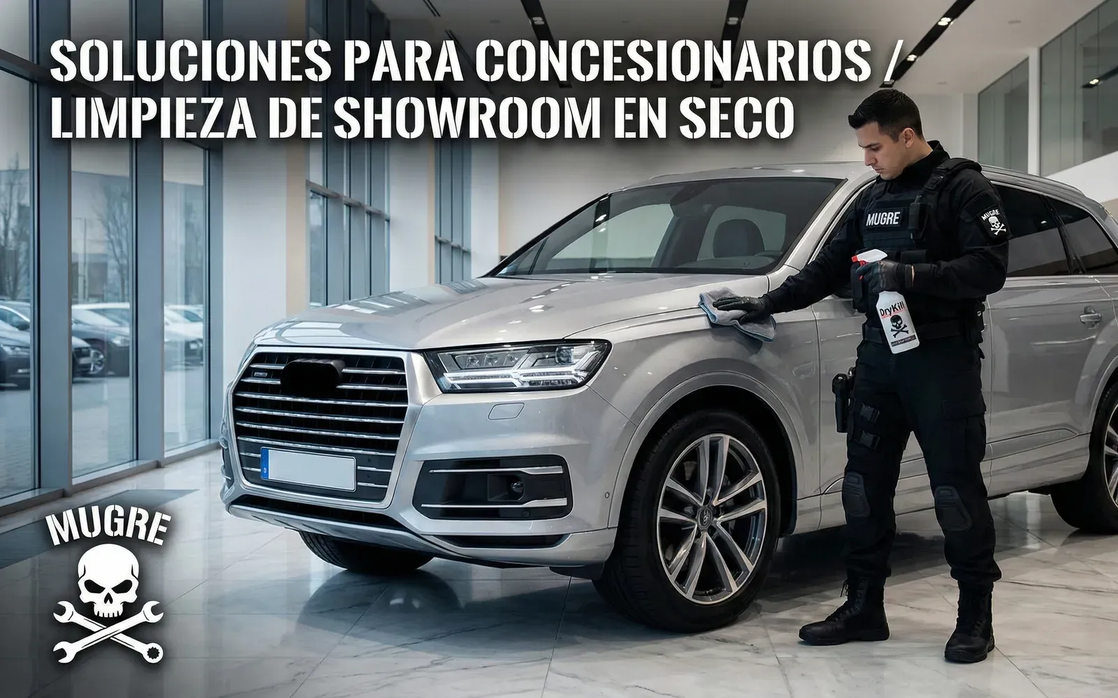 Operador preparando un vehículo negro dentro de un showroom