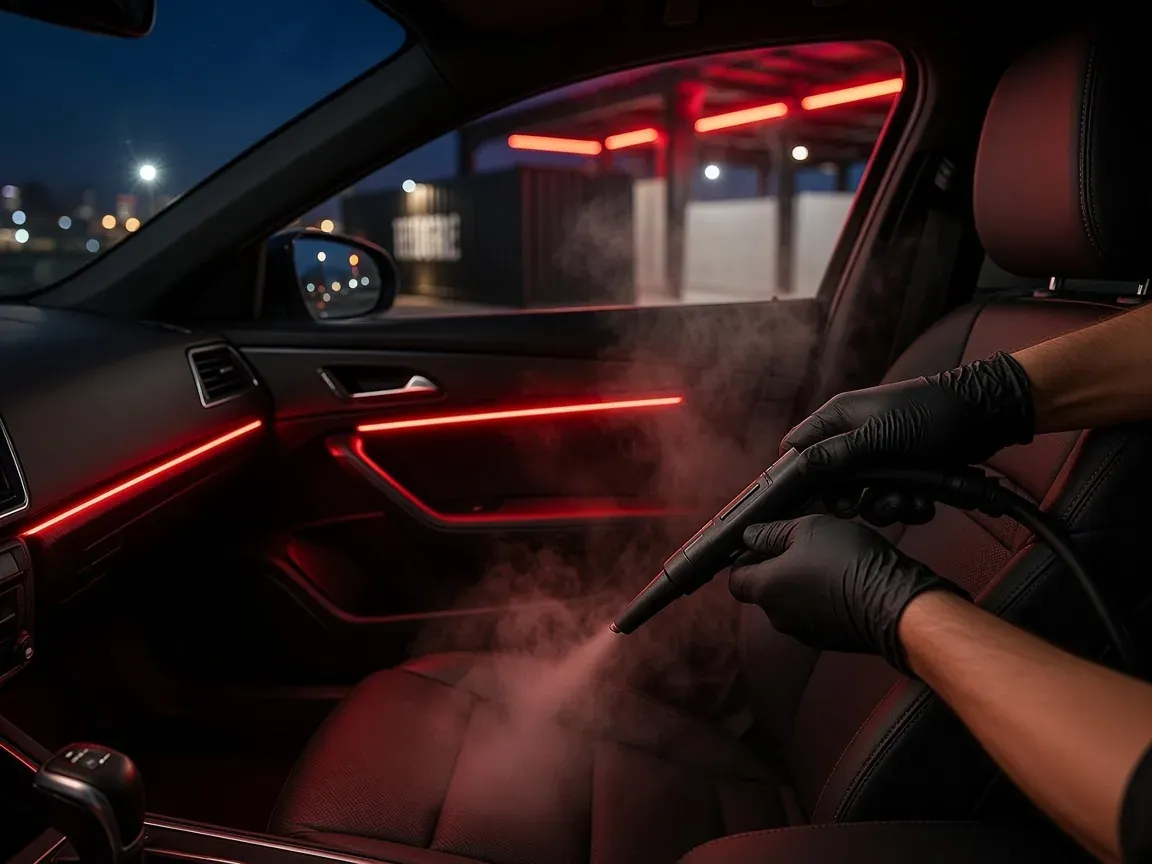 Limpieza interior con vapor y extractor en la cabina de un auto en Quito