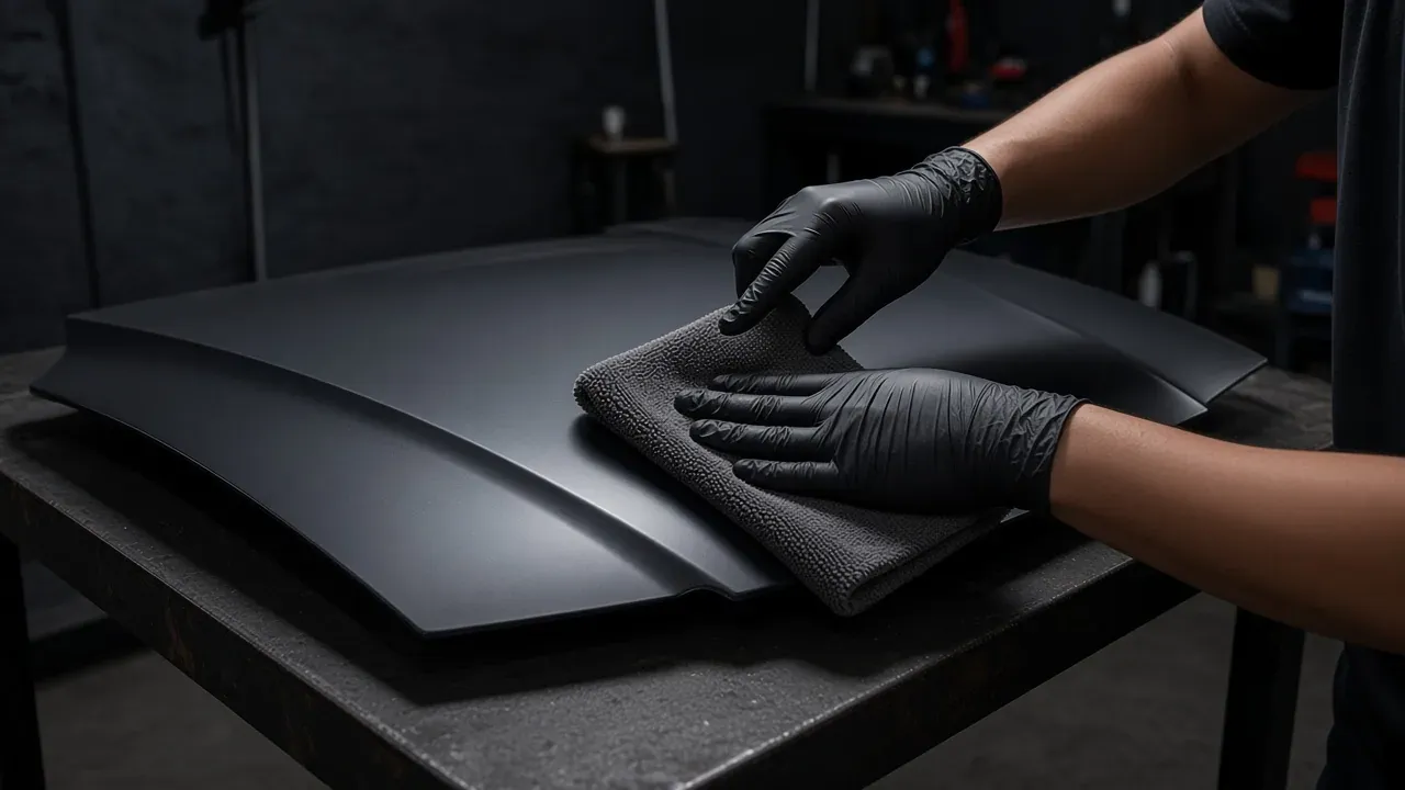 Manos con guantes practicando la limpieza de un panel negro