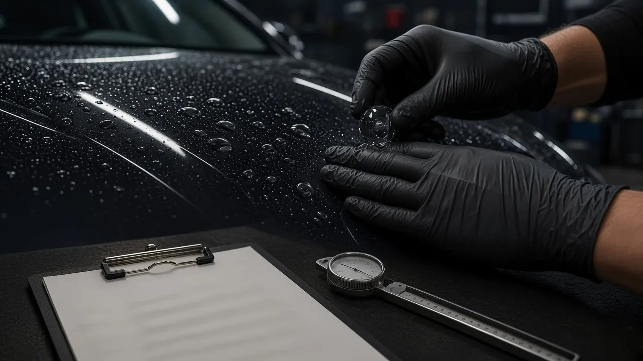 Manos con guantes comprobando el mantenimiento de un recubrimiento sobre pintura negra