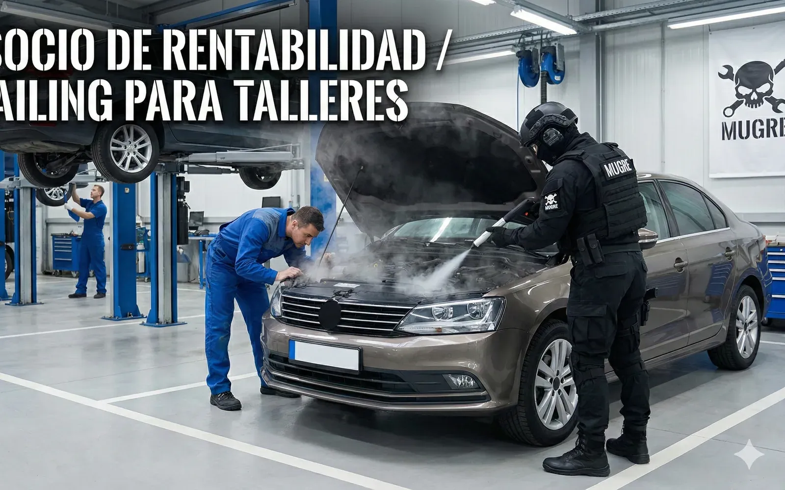 Técnico de posventa inspeccionando un auto bajo luz de taller